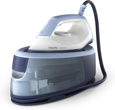 Philips Vaporizador Serie 3000, 2400 W, vapor continuo 120 g/min, golpe de vapor 350 g, rápido y potente, vapor vertical, 1.4 l de depósito, suela de cerámica, Deep Azur (PSG3000/20)